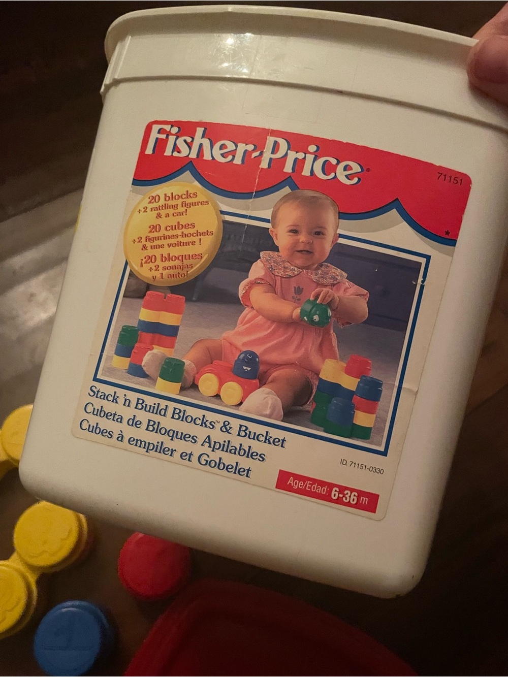 1996 Fisher-Price Stack 'n Build Blocks & Bucket - Multi-colour with bucket